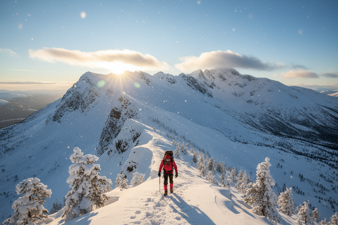 Person på fjelltur i Norge går opp en snødekt fjellrygg i soloppgang, omgitt av snødekte trær og majestetiske fjell.